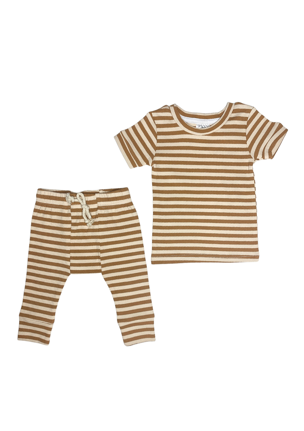 SHORT SLEEVE RIBBED LOUNGE SET IN STRIPED MUSTARD