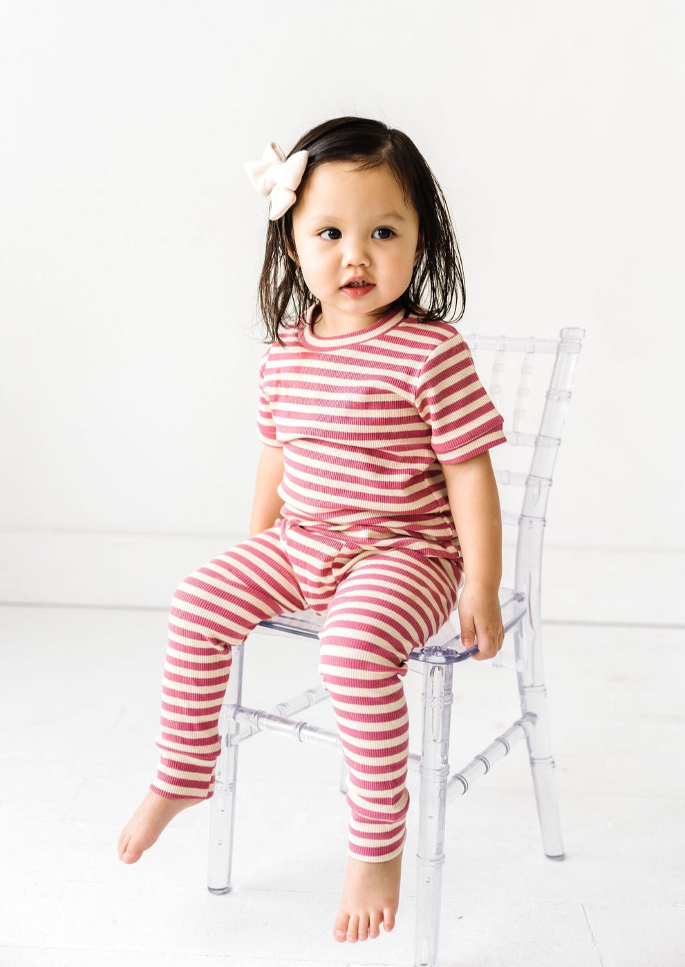 SHORT SLEEVE RIBBED LOUNGE SET IN STRIPED BERRY
